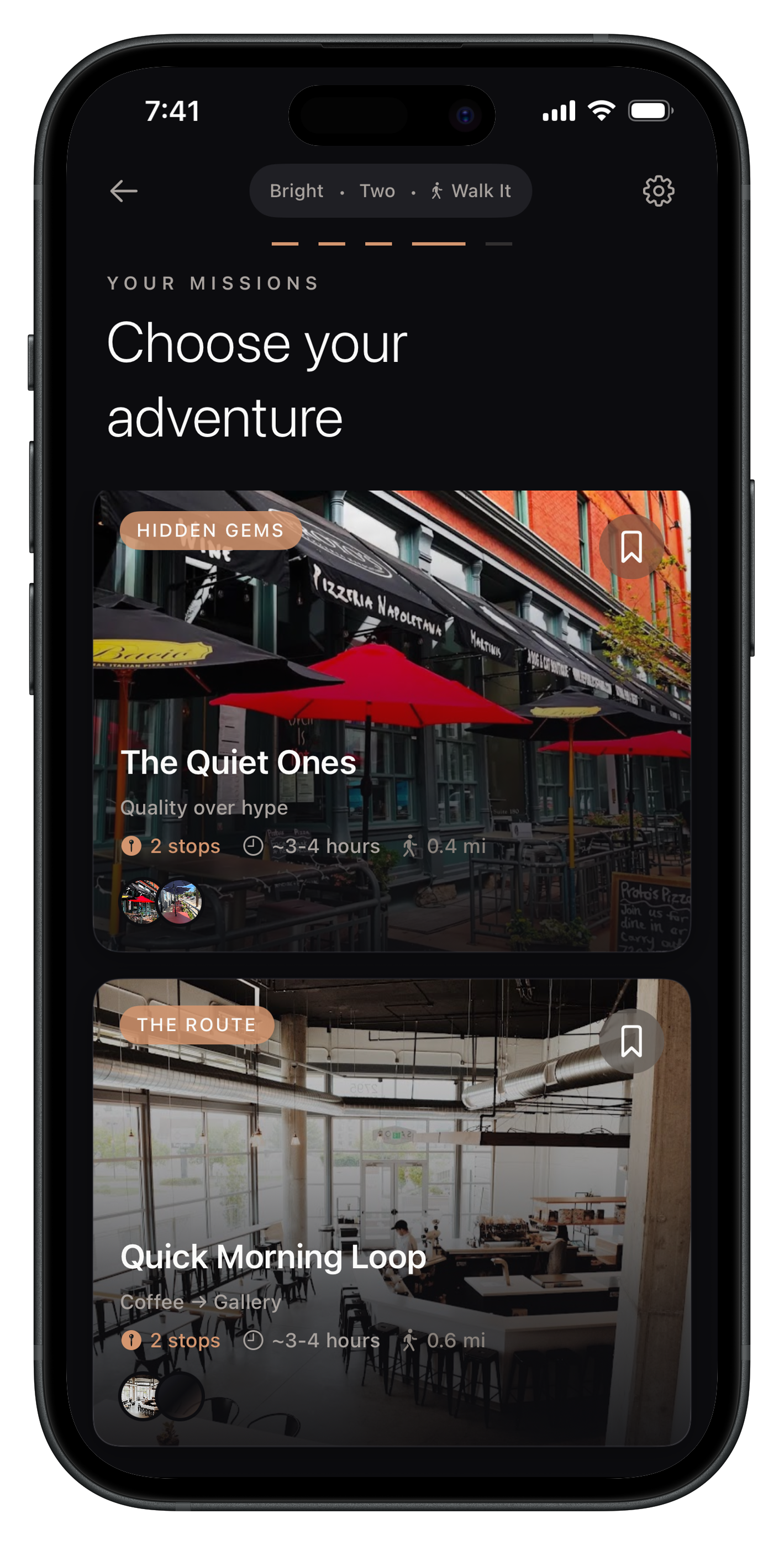 Hit the Town missions screen with a curated multi-stop Denver bar crawl itinerary